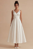 White Satin A Line V-Neck Engagement Dress