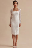 Lace White Sheath Midi Dress with Long Sleeves