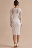 Lace White Sheath Midi Dress with Long Sleeves