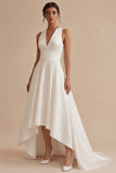 White A Line V-Neck Satin High Low Engagement Dress