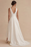 White A Line V-Neck Satin High Low Engagement Dress