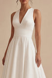 White A Line V-Neck Satin High Low Engagement Dress