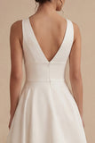 White A Line V-Neck Satin High Low Engagement Dress