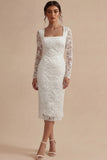 White Sheath Appliqued Lace Midi Dress with Long Sleeves