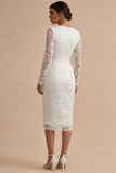 White Sheath Appliqued Lace Midi Dress with Long Sleeves