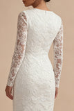 White Sheath Appliqued Lace Midi Dress with Long Sleeves