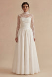 Lace High Neck White Engagement Dress with Long Sleeves
