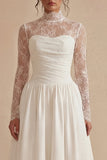 Lace High Neck White Engagement Dress with Long Sleeves