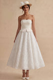 Strapless A Line White Midi Engagement Dress with Appliques