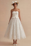 Strapless A Line White Midi Engagement Dress with Appliques