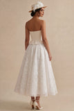 Strapless A Line White Midi Engagement Dress with Appliques