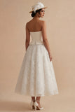 Strapless A Line White Midi Engagement Dress with Appliques