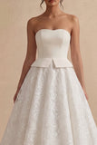 Strapless A Line White Midi Engagement Dress with Appliques