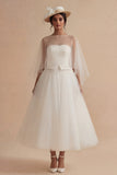 Vintage White Strapless A Line Tea Length Engagement Dress with Cape