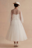 Vintage White Strapless A Line Tea Length Engagement Dress with Cape
