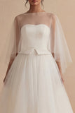 Vintage White Strapless A Line Tea Length Engagement Dress with Cape