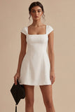 Simple White Square Neck Mini Graduation Dress with Cap Sleeves