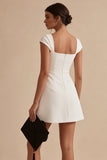 Simple White Square Neck Mini Graduation Dress with Cap Sleeves