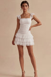 Cute White Ruffled Tiered A Line Graduation Dress