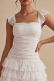Cute White Ruffled Tiered A Line Graduation Dress