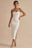 Strapless Pencil White Midi Dress with Slit