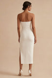 Strapless Pencil White Midi Dress with Slit