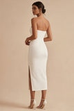 Strapless Pencil White Midi Dress with Slit