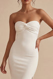 Strapless Pencil White Midi Dress with Slit