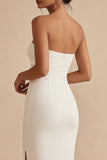 Strapless Pencil White Midi Dress with Slit