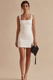 White Square Neck Bodycon Mini Dress with Slit