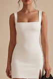 White Square Neck Bodycon Mini Dress with Slit