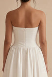 White Strapless Ruched A Line Midi Dress