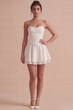 Basque Waist Strapless A Line Mini White Graduation Dress