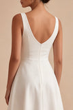 Satin V Neck A Line Midi White Dress