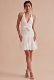 Halter A Line Pleated Mini White Graduation Dress with Bow