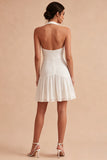 Halter A Line Pleated Mini White Graduation Dress with Bow