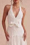 Halter A Line Pleated Mini White Graduation Dress with Bow