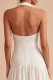 Halter A Line Pleated Mini White Graduation Dress with Bow