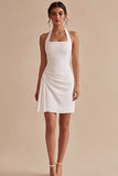 Halter Ruched Bodycon Mini White Graduation Dress