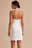 Halter Ruched Bodycon Mini White Graduation Dress