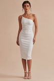 Glitter One Shoulder Bodycon Midi White Graduation Dress