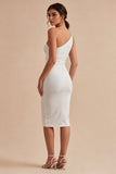 Glitter One Shoulder Bodycon Midi White Graduation Dress