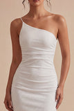 Glitter One Shoulder Bodycon Midi White Graduation Dress