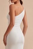 Glitter One Shoulder Bodycon Midi White Graduation Dress