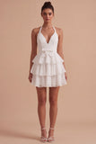 Halter Tiered A Line Bowed Mini White Graduation Dress