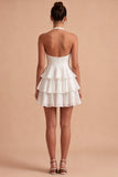 Halter Tiered A Line Bowed Mini White Graduation Dress
