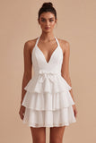 Halter Tiered A Line Bowed Mini White Graduation Dress