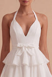 Halter Tiered A Line Bowed Mini White Graduation Dress