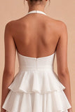 Halter Tiered A Line Bowed Mini White Graduation Dress