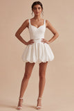 Spaghetti Straps A Line Pleated Mini White Graduation Dress with Belt